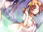  1girl bad_id bad_pixiv_id black_hair blonde_hair blush breasts covering hemogurobin_a1c luize medium_breasts nude_cover one_eye_closed onsen touhou touhou_(pc-98) towel translation_request yellow_eyes 