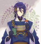  black_gloves blue_hair cup gloves japanese_clothes leaf looking_at_viewer male_focus maple_leaf mikazuki_munechika sayagata seigaiha smile solo souma_kira touken_ranbu upper_body yellow_eyes yunomi 