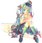  aqua_eyes aqua_hair aqua_nails bad_id bad_pixiv_id hair_ribbon hat hatsune_miku long_hair mini_hat mini_top_hat nail_polish ribbon shoes sitting socks solo top_hat twintails very_long_hair vocaloid w.r.b 