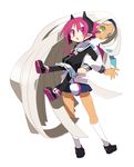  2girls :o back-to-back bad_id bad_pixiv_id cardigan disgaea exercise green_eyes hairband height_difference horns locked_arms long_hair makai_senki_disgaea_3 multiple_girls pantyhose pink_eyes pink_hair pointy_ears raspberyl sailor_collar sapphire_rhodonite school_uniform serafuku short_hair skirt slit_pupils star stretch symbol_in_eye tail very_long_hair white_hair white_sailor_collar 