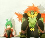  1girl bad_id bad_pixiv_id dark_skin emerada_(xenogears) green_hair green_skin long_hair muscle orange_hair ricardo_banderas scarf shinneko sitting skirt thighhighs xenogears 