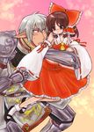  1girl blush bow brown_eyes brown_hair buront couple crossover detached_sleeves elf elvaan final_fantasy final_fantasy_xi hakurei_reimu height_difference hetero momo&amp;a pointy_ears red_eyes short_hair silver_hair the_iron_of_yin_and_yang touhou 