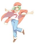  1girl bakemonogatari cabbie_hat casual denim green_hair hat jacket jacket_on_shoulders jeans monogatari_(series) pants sengoku_nadeko shoes short_hair solo 