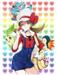  :d ;) bag blush bow breasts brown_eyes brown_hair buttons cabbie_hat chikorita closed_eyes collared_shirt contrapposto cowboy_shot cyndaquil fire flipped_hair futou_ryouko gen_2_pokemon gradient gradient_background halftone halftone_background hand_on_hip hat hat_bow heart heart_background holding holding_poke_ball holding_up kotone_(pokemon) leaf light_smile long_sleeves one_eye_closed open_mouth overalls poke_ball poke_ball_(generic) pokedex pokemon pokemon_(creature) pokemon_(game) pokemon_hgss pom_pom_(clothes) red_bow red_eyes sharp_teeth shirt short_twintails small_breasts smile standing sweatdrop teeth thighhighs totodile twintails 