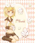  aqua_eyes bad_id bad_pixiv_id blonde_hair dice hair_ornament hair_ribbon hairclip kagamine_rin midriff mikanniro ribbon short_hair shorts sitting solo vocaloid 