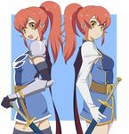  armor belt chastel_aiheap gloves hisca_aiheap mikeneko_(stray-sheep) military military_uniform multiple_girls ponytail red_hair sheath sheathed siblings sisters smile sword tales_of_(series) tales_of_vesperia tales_of_vesperia:_the_first_strike thighhighs twins uniform weapon yellow_eyes 