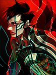  bangs black_border border expressionless facepaint fingernails glowing grey_shirt hand_on_own_chest hitoshura kumo_nokai large_hands looking_at_viewer male_focus parted_lips red_background red_eyes shin_megami_tensei shin_megami_tensei_iii:_nocturne shirt simple_background solo swept_bangs upper_body w 