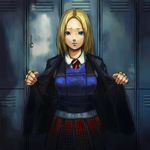  album_cover armor blazer blonde_hair blouse blue_eyes brass_knuckles bulletproof_vest commentary cover flick_(artist) jacket locker long_hair necktie open_clothes open_jacket original school_uniform skirt solo standing vest weapon 