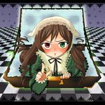  :o angry asami blush bow box brown_hair checkered checkered_floor dress drill_hair frills from_above gift green_eyes hat heterochromia holding holding_gift in_box in_container jewelry lace letterboxed lolita_fashion long_hair looking_at_viewer open_mouth red_eyes ring rozen_maiden solo star suiseiseki treasure_chest vanishing_point very_long_hair 