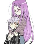  dark_sakura dowman_sayman fate/stay_night fate_(series) long_hair lowres matou_sakura multiple_girls purple_eyes purple_hair rider striped turtleneck 