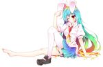  animal_ears asymmetrical_clothes barefoot bunny_ears feet gradient_hair moon multicolored_hair nanamomo_rio necktie red_eyes reisen_udongein_inaba shoes single_shoe single_thighhigh solo thighhighs touhou 