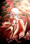  bat_wings fang hat highres lavender_hair petals red_eyes remilia_scarlet rose_petals short_hair solo touhou wings yukino_(yuki_00) 