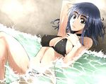  arm_behind_back arm_up armpits bikini black_bikini black_eyes blue_hair breasts cosaten covered_nipples curvy eyebrows hand_on_own_chest leg_up lying medium_breasts navel on_back partially_submerged school_rumble short_hair solo suou_mikoto swimsuit water 