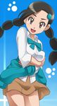  awa black_hair blue_background braid breast_hold breasts brown_eyes clothes_around_waist gym_leader hair_ornament hairclip multi-tied_hair paw_print pokemon pokemon_(game) pokemon_dppt ribbon skirt solo suzuna_(pokemon) sweater sweater_around_waist twin_braids 