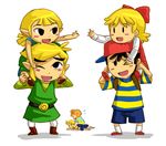  4boys aryll bad_id bad_pixiv_id black_eyes black_hair blonde_hair brother_and_sister carrying child claus company_connection crossover hat link lucas mother_(game) mother_2 mother_3 multiple_boys multiple_girls ness one_eye_closed orange_hair pointy_ears quiff ribbon shoulder_carry siblings smile swammi the_legend_of_zelda the_legend_of_zelda:_the_wind_waker toon_link tracy trait_connection 