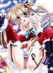  bad_id bad_pixiv_id bag bell blonde_hair blue_eyes blush boots candy candy_cane food garters gift hair_ribbon highres kirihara_natsuki original panties ribbon snow solo striped striped_panties thighhighs twintails underwear 