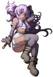  armlet boots dark_skin earrings elf flat_chest gloves highres jewelry lying midriff on_side original panties pointy_ears purple_hair scared simple_background solo sword tabigarasu the_depths_of_the_dungeon thighhighs underwear weapon white_background 