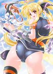  armband ass bardiche blonde_hair brown_hair fate_testarossa from_behind hair_ribbon itachou long_hair looking_back lyrical_nanoha mahou_shoujo_lyrical_nanoha_strikers multiple_girls panties pink_panties polearm purple_eyes raising_heart red_eyes ribbon smile spear takamachi_nanoha thighhighs twintails underwear very_long_hair weapon 