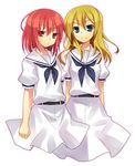  bad_id bad_pixiv_id belt blonde_hair blue_eyes dress miyanaga_teru multiple_girls oohoshi_awai red_eyes red_hair ribbon sailor_dress saki school_uniform serafuku shiraitodai_school_uniform short_hair short_sleeves skirt smirk tamura_hiro white_skirt 