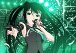  alternate_hair_color bad_id bad_pixiv_id bare_shoulders black_hair detached_sleeves feathers fingernails green_eyes hands hatsune_miku headphones long_fingernails long_hair microphone music nail_polish necktie pink_nails pointing shirt singing solo twintails upper_body very_long_hair vocaloid xr650r 