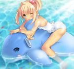  ;p afloat armband bad_id bad_pixiv_id bare_arms bare_legs bare_shoulders barefoot blonde_hair blue_eyes blush blush_stickers casual_one-piece_swimsuit eyebrows_visible_through_hair fish frilled_swimsuit frills hair_bobbles hair_ornament hands inflatable_dolphin inflatable_toy one-piece_swimsuit one_eye_closed original pan_(mimi) short_ponytail side_ponytail soaking_feet solo swimsuit tongue tongue_out v water white_swimsuit 
