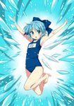  1girl armpits barefoot blue_eyes blue_hair bow cirno feet flat_chest highres jumping manle one-piece_swimsuit school_swimsuit short_hair solo swimsuit touhou wings 