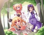  blonde_hair bow brown_hair drill_hair fairy_wings forest hair_bow hat highres luna_child lzh multiple_girls nature purple_eyes red_eyes shoes single_shoe slippers star_sapphire sunny_milk sweatdrop touhou tree tripping twintails wide_sleeves wings 