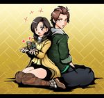  1boy 1girl argyle argyle_legwear back-to-back bear brown_legwear hanaori_kotoha kneeling monkey robot samurai_sentai_shinkenger sentai socks super_sentai tani_chiaki toy 