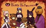  3girls alternate_costume animal_ears bad_id bad_pixiv_id black_hair blue_eyes bracelet brown_eyes brown_hair bunny_ears candy cat_ears estellise_sidos_heurassein food gloves green_eyes grin halloween happy_halloween jack-o'-lantern jewelry judith karol_capel long_hair multiple_boys multiple_girls necktie orange_background pink_hair pointy_ears pumpkin pumpkin_hat raven_(tales) rita_mordio shirataki_nako short_hair smile tales_of_(series) tales_of_vesperia yuri_lowell 