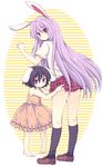  :3 adapted_costume animal_ears bad_id bad_pixiv_id bare_shoulders barefoot black_hair black_legwear bunny_ears checkered checkered_skirt inaba_tewi jewelry kneehighs kneepits lavender_hair long_hair looking_back matsusaka_gyuu multiple_girls oekaki pendant purple_hair red_eyes reisen_udongein_inaba short_hair skirt skirt_lift sleeveless striped striped_background touhou 