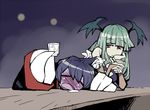  blue_hair blue_skin blush demon_girl dowman_sayman drunk green_hair head_wings lei_lei long_hair morrigan_aensland multiple_girls red_eyes short_hair succubus vampire_(game) wings 