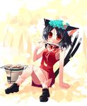  animal_ears black_hair cat_ears cat_tail chen earrings eating fish food hat jewelry multiple_tails shin_(new) solo tail touhou 