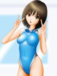  :d absurdres arena_(company) bad_hands bad_id bad_pixiv_id bangs breasts brown_eyes brown_hair competition_swimsuit covered_nipples double_v goggles goggles_around_neck highleg highleg_swimsuit highres one-piece_swimsuit open_mouth original samejima_minoru short_hair skin_tight small_breasts smile solo swimsuit v window 