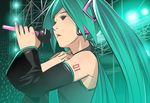  bad_id bad_pixiv_id bare_shoulders detached_sleeves fingernails green_eyes green_hair hands hatsune_miku headphones highres long_fingernails long_hair microphone music nail_polish necktie pink_nails shirt singing solo tattoo twintails very_long_hair vocaloid xr650r 