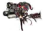  armor axe boots breasts brown_hair gun hat horns huge_weapon kometani_hisanobu large_breasts original red_eyes red_hair short_hair skull solo sword tail thigh_boots thighhighs underboob weapon 