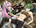  abs belt beltbra bike_shorts black_capelet capelet cellphone digital_media_player disgaea dress earbuds earphones female_warrior_(disgaea) green_eyes green_hair ipod ipod_nano long_hair lying mage_(disgaea) mirror multiple_girls phone pink_hair pointy_ears ribbon stuffed_animal stuffed_toy sugar_bowl tamazen teddy_bear thighhighs toned 