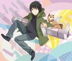  bad_id bad_pixiv_id black_hair coat dog higashi_no_eden male_focus mameshiba missile shiba_inu smile solo takizawa_akira 