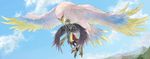  angel_wings bird black_wings blonde_hair boots breath_of_fire breath_of_fire_ii cloud day green_eyes highres legs long_hair mina_wyndia nina_(breath_of_fire_ii) ryuu_(mat_hin) side_slit sky thighs wings 