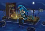  aqua_eyes aqua_hair book cat cup detached_sleeves full_moon glasses hachune_miku hatsune_miku lamp long_hair moon necktie night ponytail sitting ska skirt smile soaking_feet solo tea thighhighs vocaloid water zettai_ryouiki 