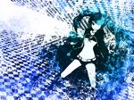  bad_id bad_pixiv_id bikini_top black_hair black_rock_shooter black_rock_shooter_(character) blue_eyes boots burning_eye coat highres long_hair meola midriff navel pale_skin shorts solo twintails uneven_twintails 
