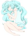  aqua_hair bad_id bad_pixiv_id barefoot closed_eyes dress feet fetal_position full_body hair_ribbon hatsune_miku long_hair makino_(sinobusan) plantar_flexion ribbon short_dress simple_background sleeping solo twintails vocaloid 