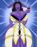  2015 alcohol anthro beverage big_breasts black_hair bra breast_expansion breasts chubby clothing draenei dress expansion female glass hair panties sammy-upvotes solo underwear video_games warcraft wine wine_glass 