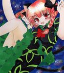  animal_ears blue_background blush braid cat_ears cat_tail dress frilled_dress frills hair_ribbon hands_up highres kaenbyou_rin leg_up light_particles looking_at_viewer multiple_tails open_mouth paw_pose reclining red_eyes red_hair ribbon short_hair solo suigetsu_minamo tail touhou tress_ribbon twin_braids 