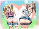  2girls ass blonde_hair blue_eyes blush bow brown_eyes brown_hair butt_crack clap_hanz golf_club hair_bow heart minna_no_golf mooning multiple_girls naru_(minna_no_golf) shorts side_ponytail skirt sweat tsuki_wani twintails yuna_(minna_no_golf) 