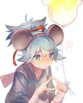  ? animal_ears balloon bandages bandaid bandaid_on_face blue_eyes blue_hair blush eyebrows_visible_through_hair fake_animal_ears flying_sweatdrops japanese_clothes male_focus mickey_mouse_ears namie-kun sayo_samonji simple_background solo tasuki touken_ranbu twiddling_fingers upper_body white_background 