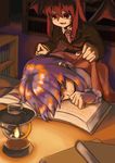  :d bat_wings blanket blazer book bookshelf closed_eyes colored_eyelashes commentary_request covering_with_blanket dark dress_shirt head_wings highres jacket koakuma lantern library long_hair long_sleeves multiple_girls nagamona necktie open_book open_mouth patchouli_knowledge purple_hair red_eyes red_hair shirt sidelocks sitting sleeping smile touhou voile white_shirt wings 