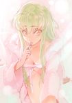  breasts c.c. cheese-kun cleavage code_geass creayus downblouse green_hair lipstick long_hair looking_at_viewer makeup medium_breasts open_mouth robe solo twitter_username yellow_eyes 