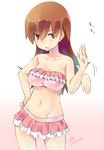  breasts brown_hair collarbone groin hand_on_hip highres imu_sanjo kantai_collection long_hair looking_at_viewer medium_breasts midriff navel ooi_(kantai_collection) red_eyes shooing solo stomach swimsuit translated 