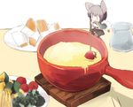  animal_ears black_footwear black_hair black_shirt black_skirt blush bread broccoli capelet cheese fondue food fork fruit long_sleeves minigirl mouse_ears mouse_tail nazrin pitcher plate pot sakaki_(utigi) shirt shoes short_hair skirt smile solo steam stirring table tail touhou |_| 