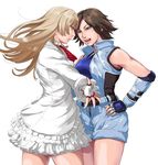  belt brown_hair elbow_pads eye_contact fingerless_gloves gloves green_eyes hand_on_hip highres kamiki_uutarou kazama_asuka lili_(tekken) long_hair looking_at_another multiple_girls open_mouth short_hair simple_background teeth tekken white_background 